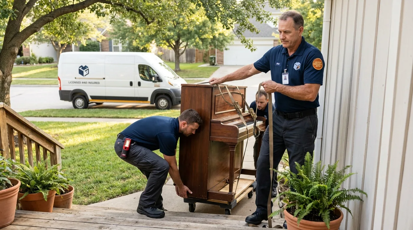 Licensed piano movers securing grand piano in Spring Grove, PA