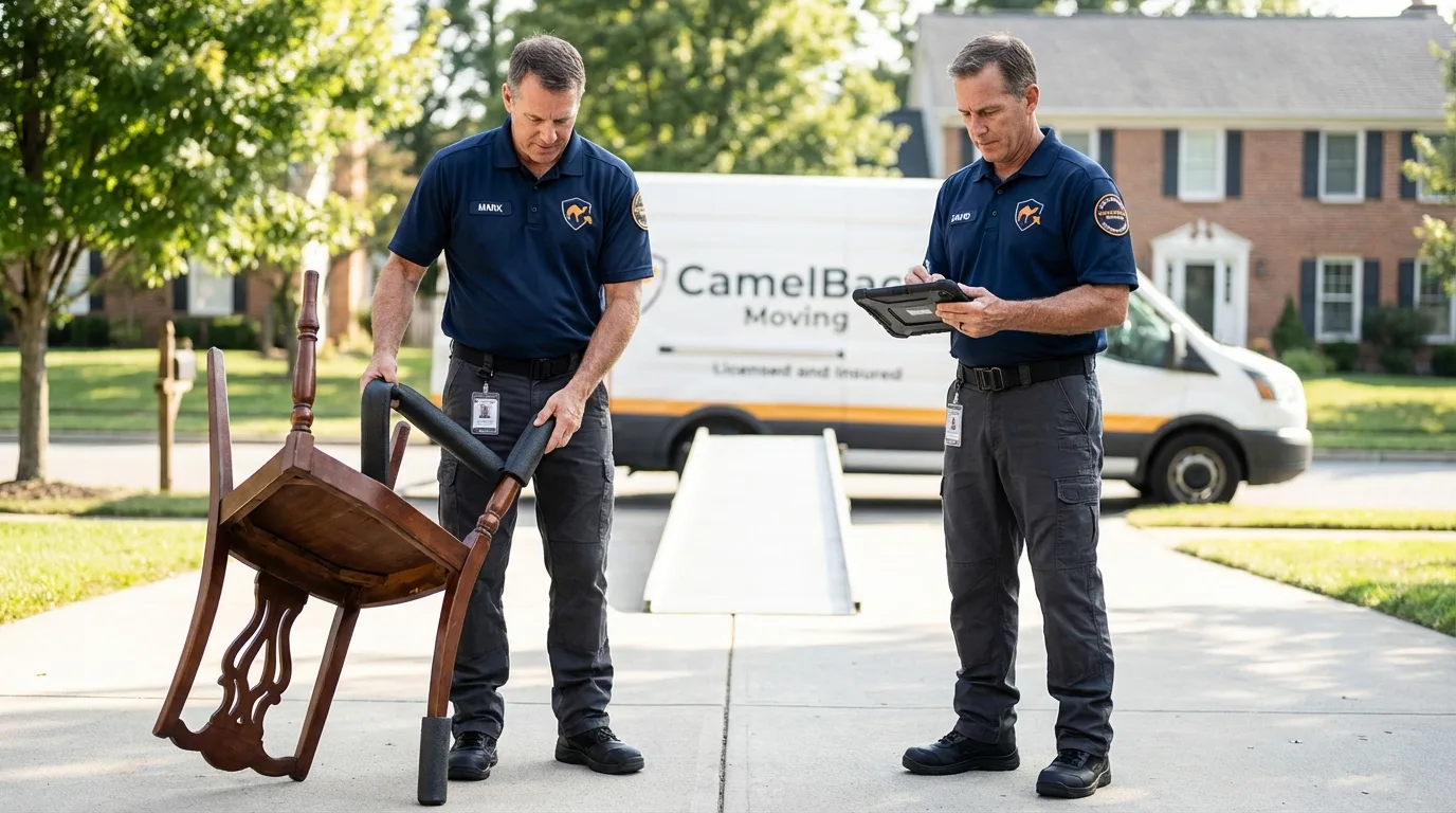 Movers inspecting furniture for damage prevention before loading in Spring Grove, PA