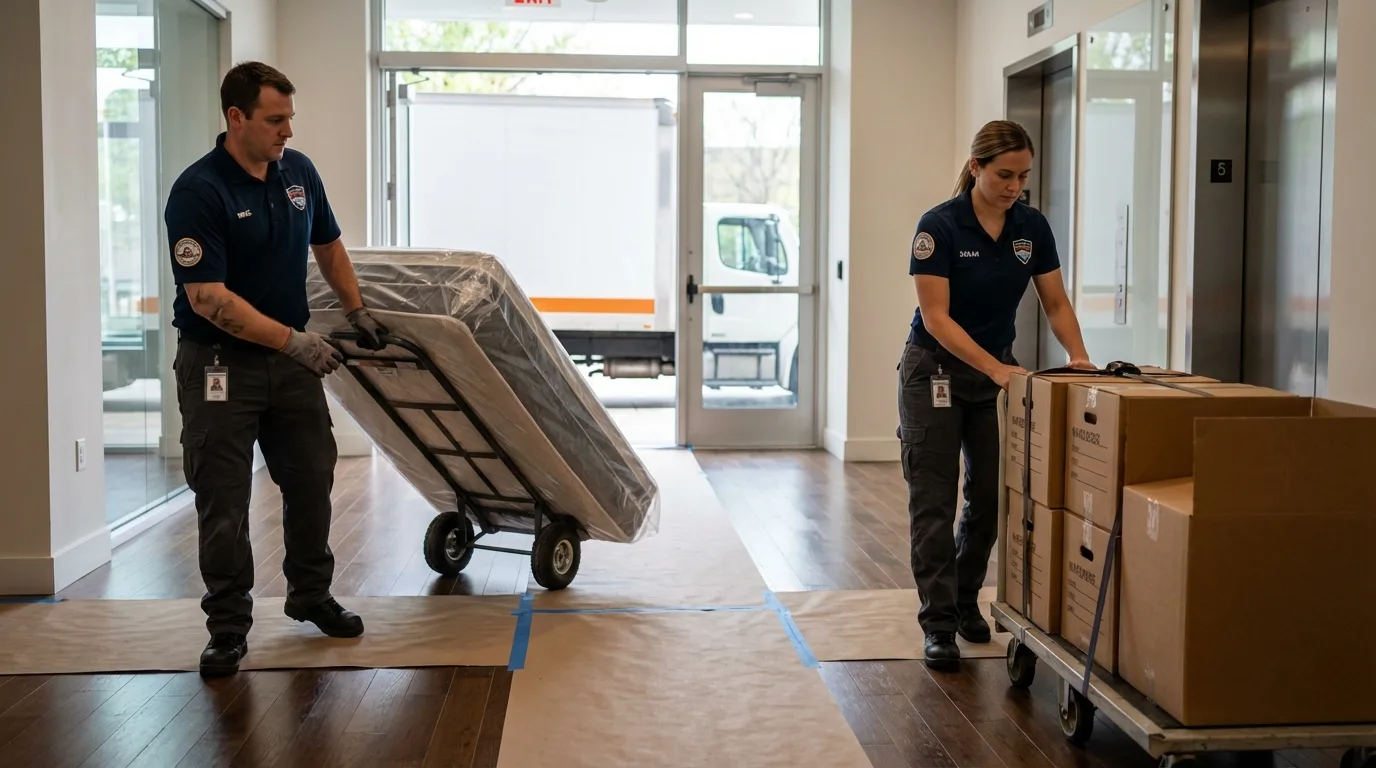 Professional apartment movers loading elevator in Spring Grove, PA