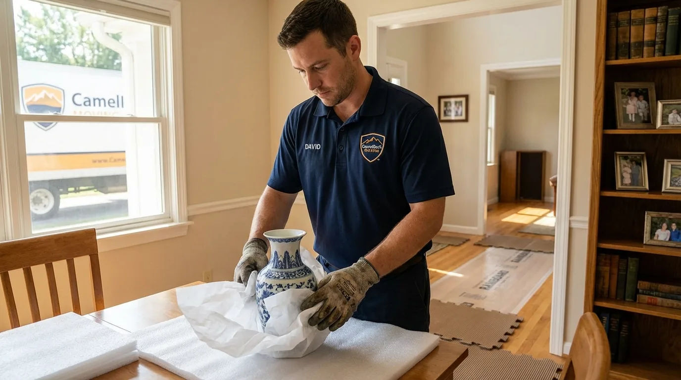 Professional crew carefully wrapping antique vase for senior downsizing move in Spring Grove, PA